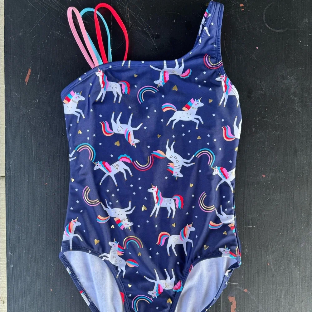 Cat & Jack Unicorn Print Kids Swim One Piece - Navy
